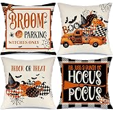 MODOVOS Halloween Pillow Covers 18x18 Set of 4 Boo Spider Web Bat Truck Halloween Decorations Trick or Treat Witch Hat Pumpkin Throw Pillow Covers Buffalo Plaid Hocus Pocus Cushion Case for Sofa Couch