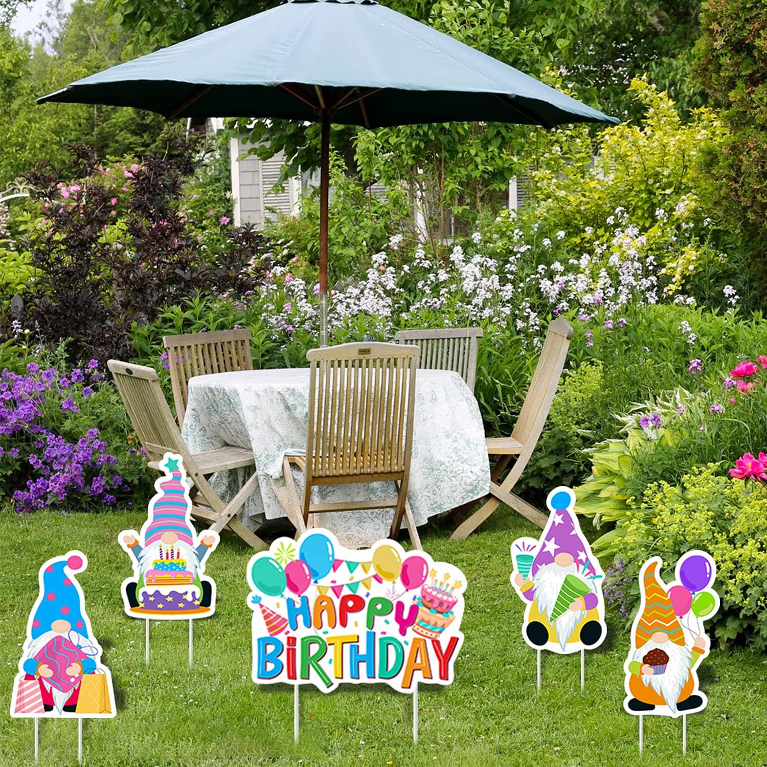 WATINC 5Pcs Happy Birthday Gnomes Yard Signs with Plastic Stakes Single Sided Printing Waterproof Birthday Cake Gnome Balloons Ribbons Gift Bday Party Decorations Supplies for Outdoor Lawn Garden : Garden & Outdoor
