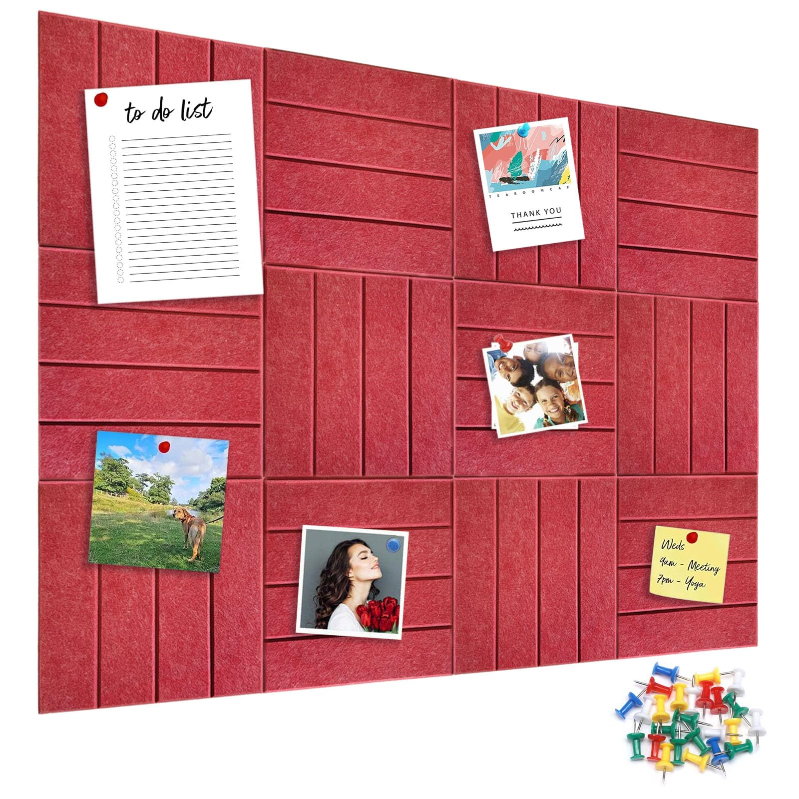 Photo 1 of 12 Packs Red Felt Pin Board, Large 12" Bulletin Board with 30 Push Pins, Felt Board Slat Wall Paneling for Office Home Kitchen, Self-Adhesive Corkboard Tiles for Classroom Message Photos Memos