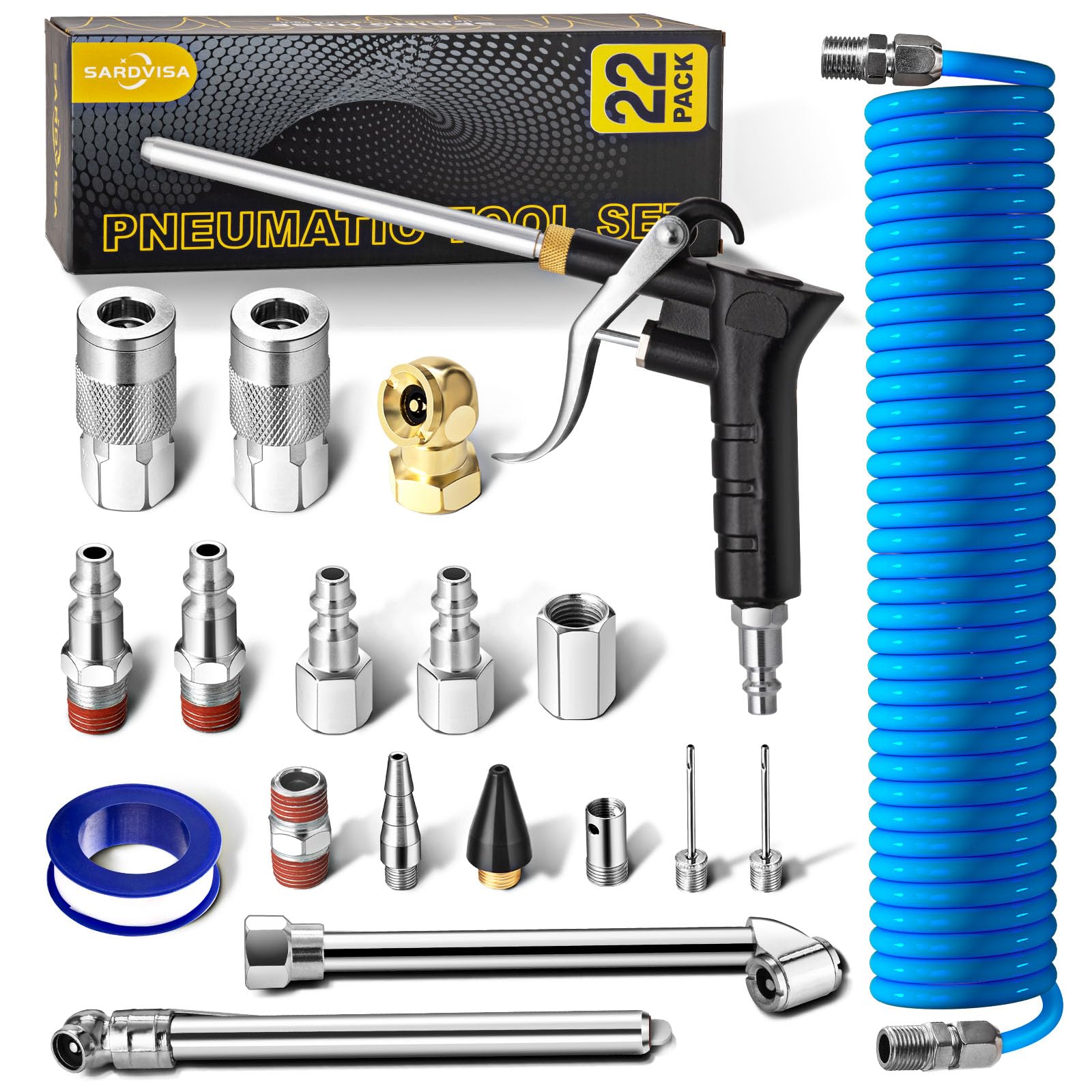 Photo 1 of SARDVISA 22-Packs Air Compressor Accessories Kit, 25FT Upgrade Repairable PU Air Hose with 1/4'' NPT Air Tool Kit, Air Blow Gun/Air Chuck/Tire Gauge, Pneumatic Tool Set