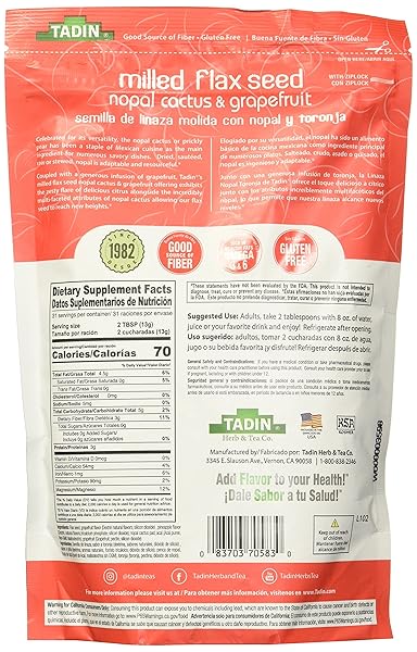 TADIN NOPAL CACTUS & GRAPEFRUIT MILLED FLAX SEED, RICH IN OMEGA 3 & 6, 14OZ., RESEALABLE POUCH, PACK OF 1