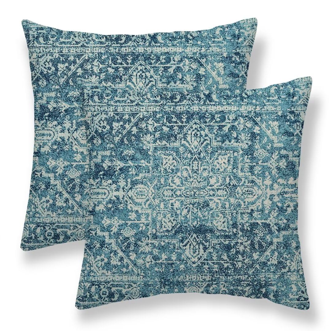Photo 1 of Sunshineyan Teal Boho Pillow Covers 18x18 Set of 2, Bohemian Carpet Pattern Outdoor Decorative Throw Pillows Linen Ethnic Design Rustic Farmhouse Cushion Cases for Couch Sofa Decor