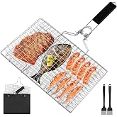 Fish Grill Basket, Folding Portable Fish Grilling Baskets For Outdoor Grill | BBQ Grilling Basket, Stainless Steel Grill Basket For Shrimp Meat Cook Fish Come With Storage Bag and Two Basting Brush