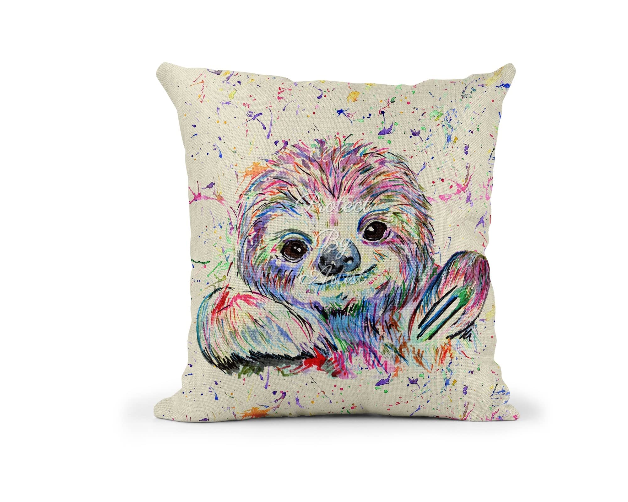 Vixar Sloth Watercolour Rainbow Art Linnen Cushion With filling or cover only, 40x40cm, gift, christmas, Birthday (Cover Only) (Cover Only)