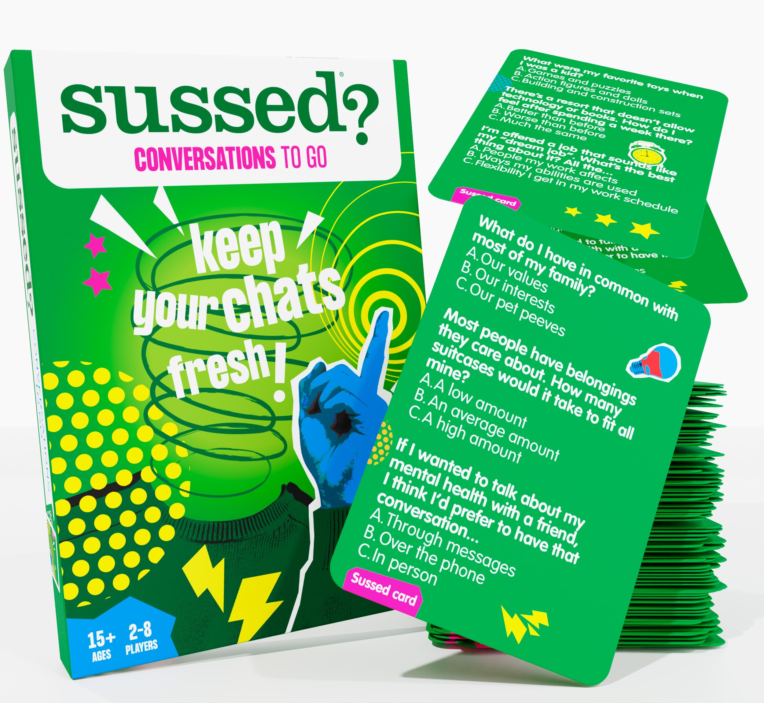 SUSSED Lighthearted Conversation Cards - 231 Questions for Friendships, Couples, Co-Workers and More - Adults & Teens Ages 15+ - Icebreaker & Gift