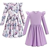 FYMNSI Kids Girls 2 Pack Long Sleeve Dress Toddler Fall Winter Clothes Butterfly Floral Ruffle Casual Holiday Dresses