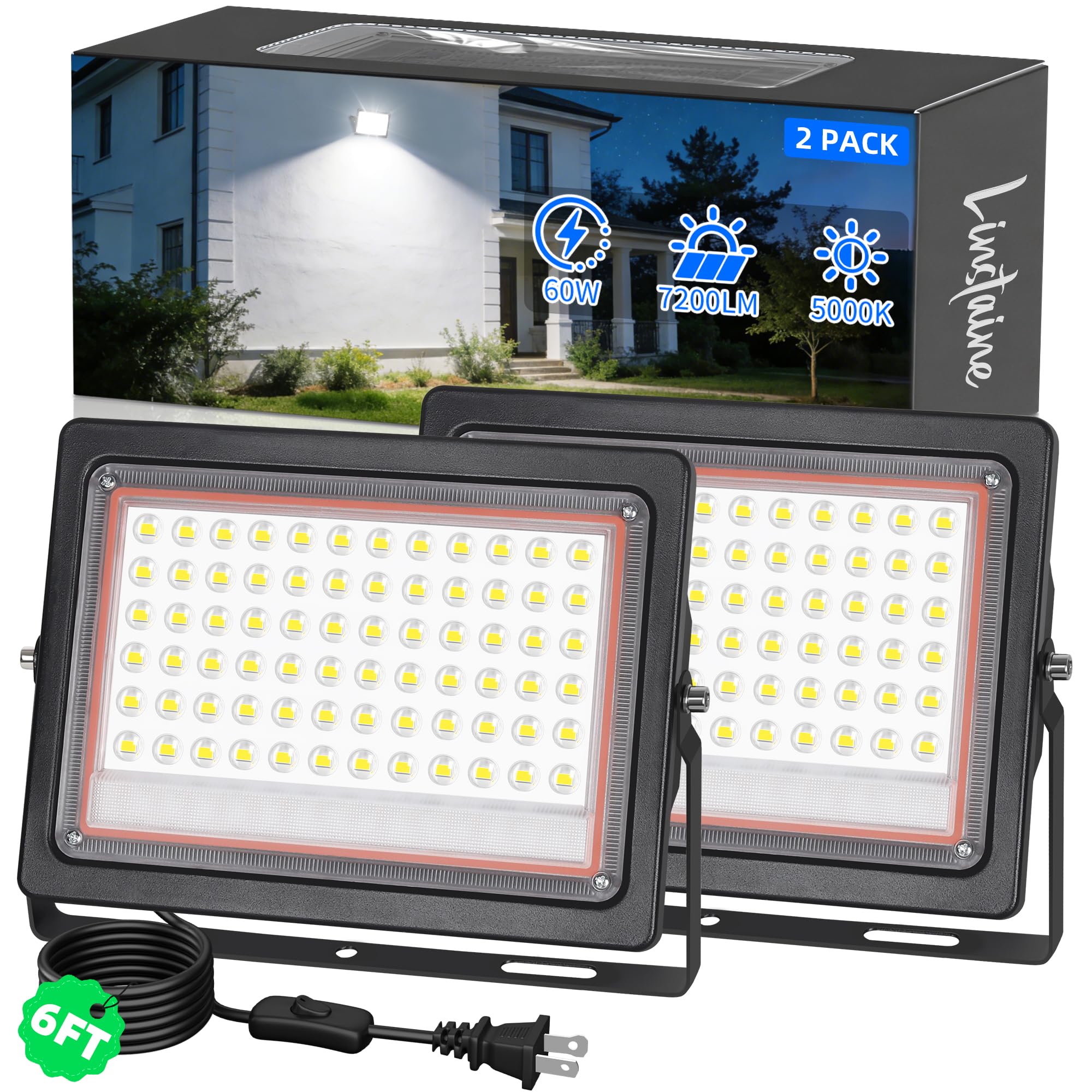 Photo 1 of ****ONLY ONE LIGHT****2 Pack 60W LED Flood Lights Outdoor, IP66 Waterproof 7200LM Plug in Work Light with 6FT Long Cord&Switch, 5000K Daylight White Outside Security Floodlights for Yard, Garden, Garage, Driveways