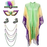 Bcxfbxd Mardi Gras Shawl Scarf Costume Accessories Set for Women: Mardi Gras Shawl, Feather Headband, Eye Patch, Necklace, Earrings - Adult Women, Party-Goers, Celebration Enthusiasts