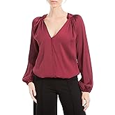 Max Studio Womens Max Studio Women's Matte Satin Balloon Sleeve V Neck Blouse with Knot Details at Neckline