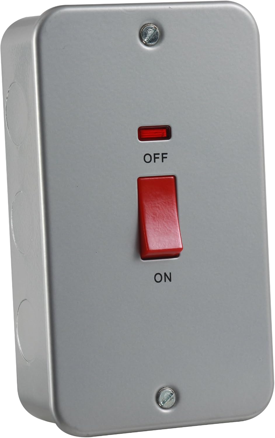 Knightsbridge M8332N Twin Gang Size Metal Clad 45A Dp Switch with Neon-Large Plate, 230 V, Silver, Grey