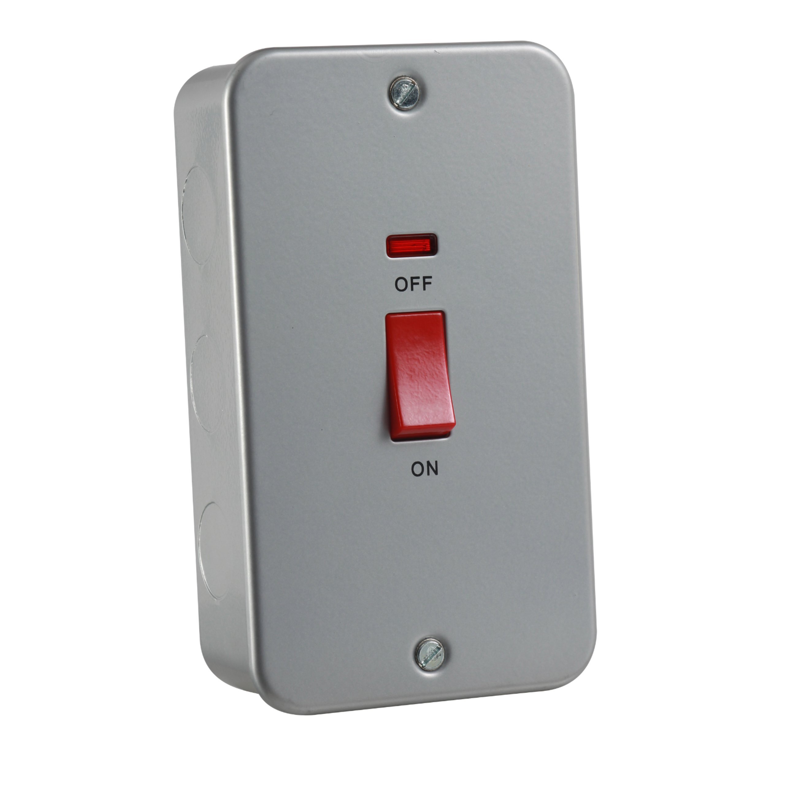 Knightsbridge M8332N Twin Gang Size Metal Clad 45A Dp Switch with Neon-Large Plate, 230 V, Silver