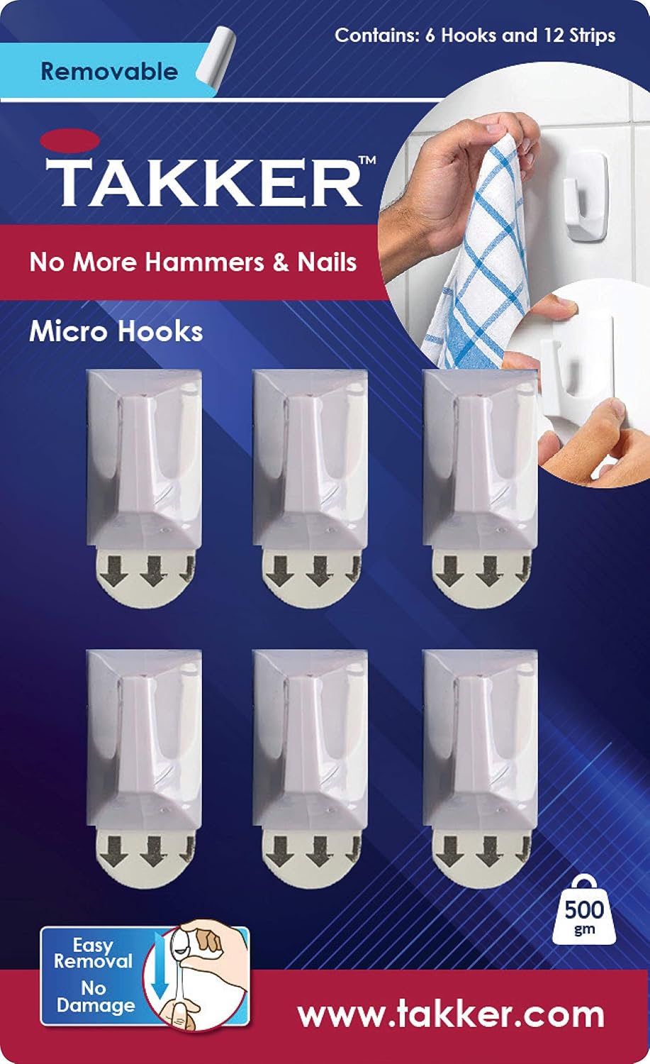 Takker - 6 x Micro Hooks with 12 x Sticky Strips, White, Removable Micro Hooks