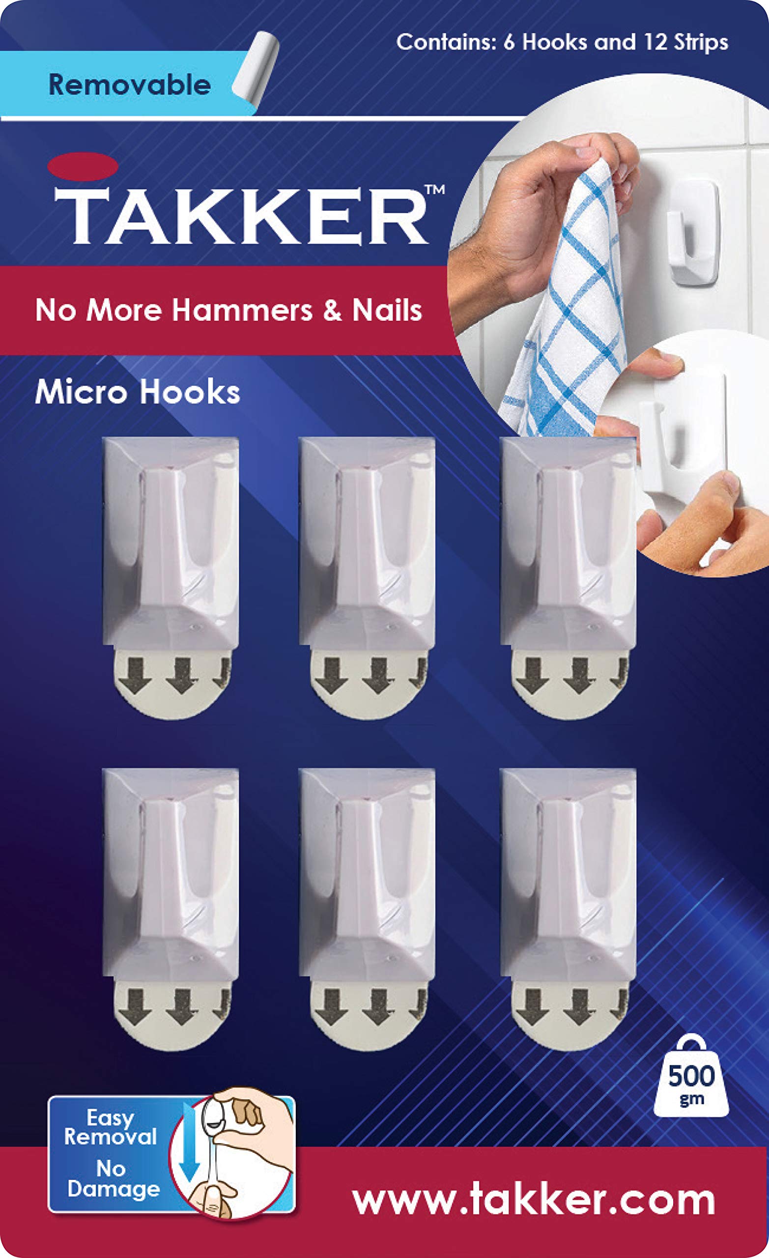 Takker - 6 x Micro Hooks with 12 x Sticky Strips | Multi-Purpose Hooks, Strong Adhesive, Easy Application, Damage-Free Removal, Re-Useable, No Sticky Residue, for Home, Bathroom, Kitchen, Walls