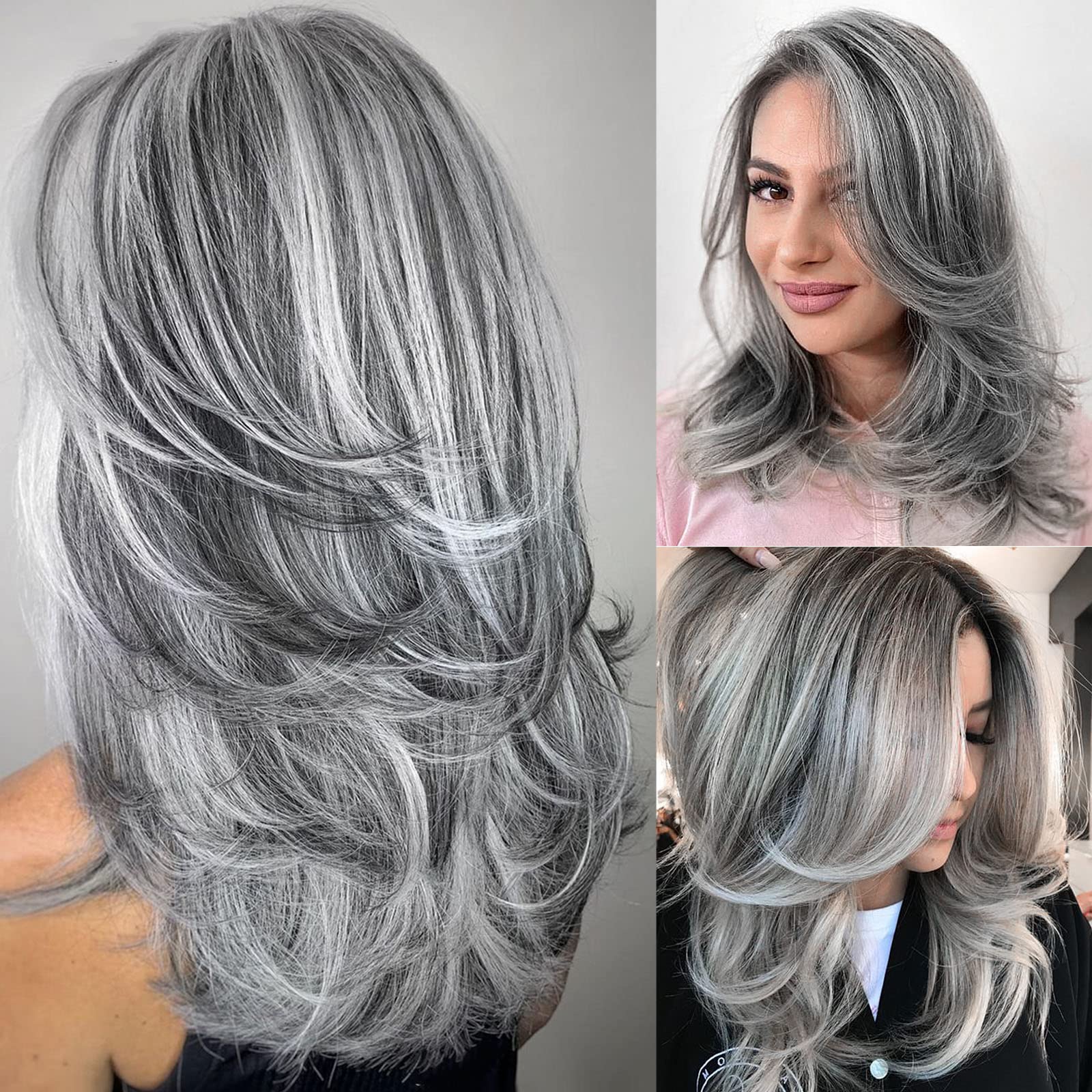 Photo 1 of Mayouda Long Layered Wigs for Women Natural Wavy Layered Cut Hair Wig Layered Wavy Hair Wig for Women Layered Hair Cut Synthetic Hair Replacement Wig (Grey)
