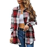 Korebow Womens Fashion Flannel Buffalo Plaid Shirt Button Down Long Sleeve Casual Loose Collared Shirts Blouse Top