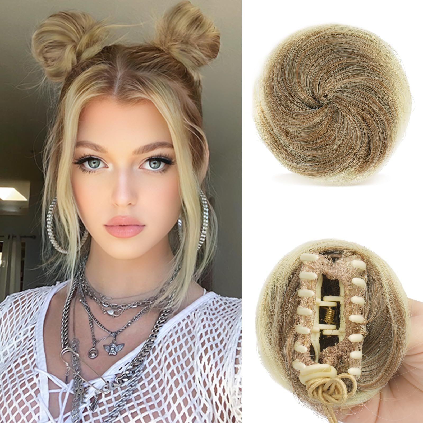 Sofeiyan 2PCS Mini Claw Clip in Hair Bun Cat Ears Messy Hair Bun Extension Synthetic Donut Wig Accessory Updo Space Bun Hair Pieces for Women Girls, Dark Blonde & Bleach Blonde mix
