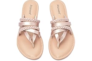Ataiwee Women's Slide Flat Sandals - Comfortable Slip On Plait Toe Thong Strappy Spring Summer Shoes.