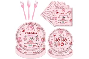 Aposwow Theres Some Ho Ho Hos in This House Decorations Tableware, 96PCS Pink Friendsmas Christmas Party Paper Plates Napkins Decoration, Funny Christmas Theme Birthday Forks Decor Serve 24