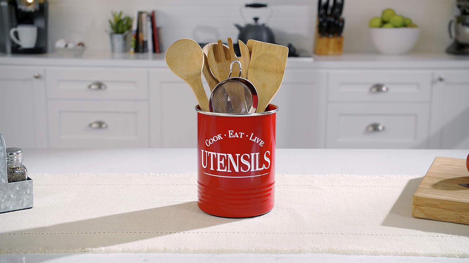Walford Home Original Kitchen Utensil Holder Crock, Red With Premium Padded Base - Vintage Farmhouse Home Kitchen Decor - Large Kitchen Tool Utensil Storage Caddy Organizer: Kitchen & Dining