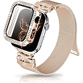 Youthrun Magnetic Band for Women Compatible with Apple Watch Band 38mm 40mm 41mm 42mm 44mm 45mm 46mm Milanese Stainless Steel Loop with Bling Protective Case, Dressy Metal Strap Replacement iWatch Band