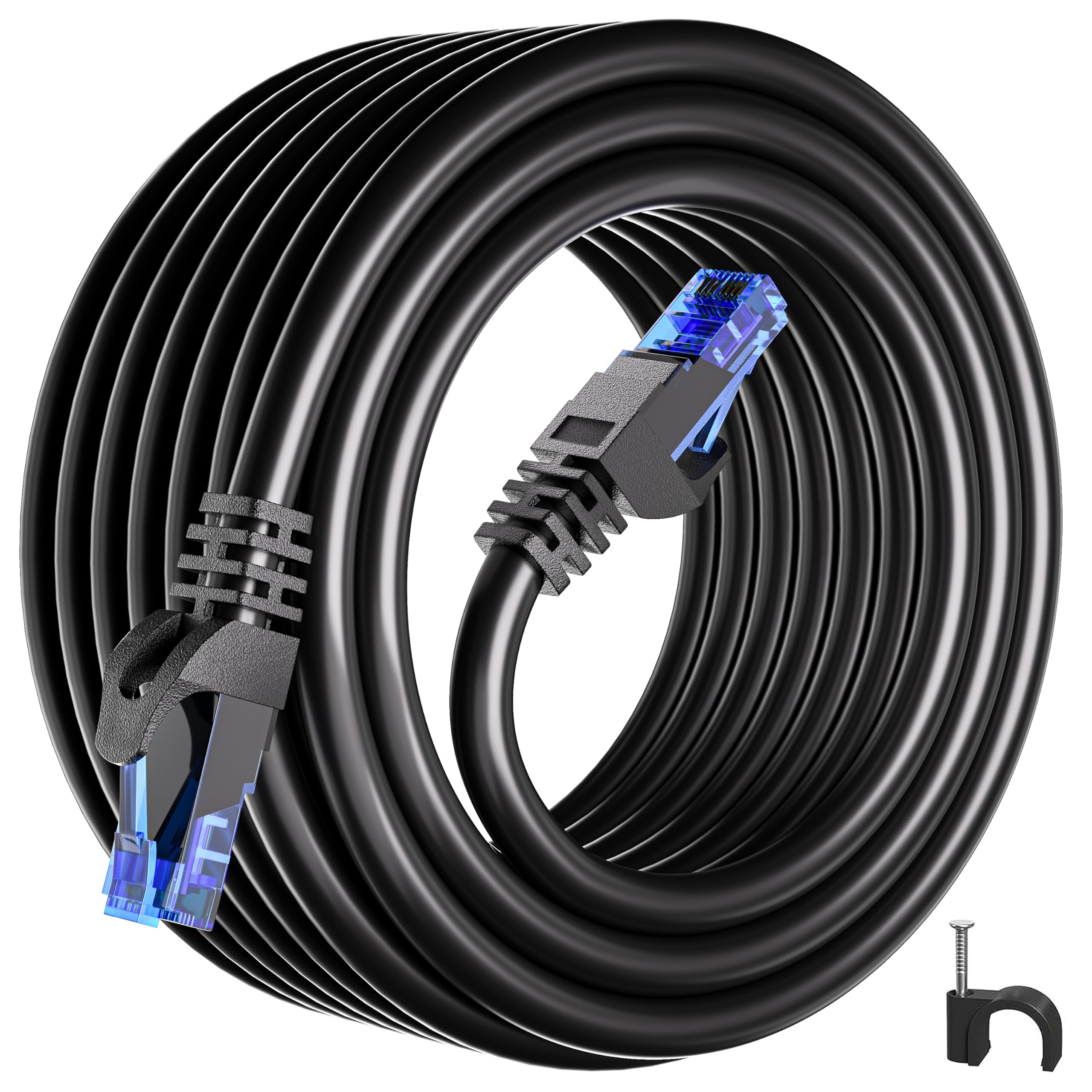 Ethernet Cable 30m Outdoor Indoor, Cat 6 Internet Cable 30m High Speed Long Network Cable 250MHz 1000Mbps, Waterproof RJ45 Patch Cord Black Gigabit LAN Cable CCA UTP 23AWG for Router Modem (30 Clips)