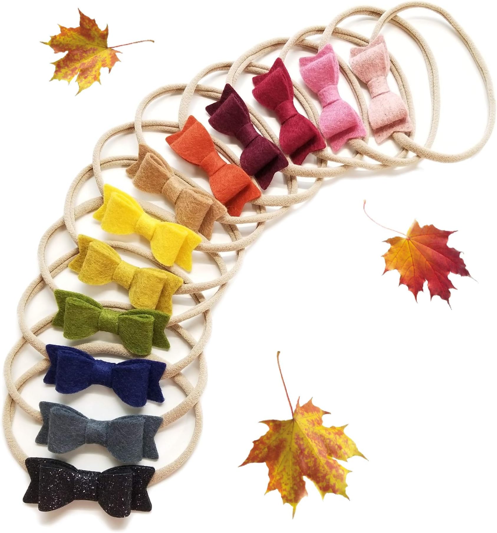 Fall Baby Girl Mini Bows newborn headbands Fall Rainbow colors made in USA soft nylon - merino wool felt baby bow by Vanaguelite