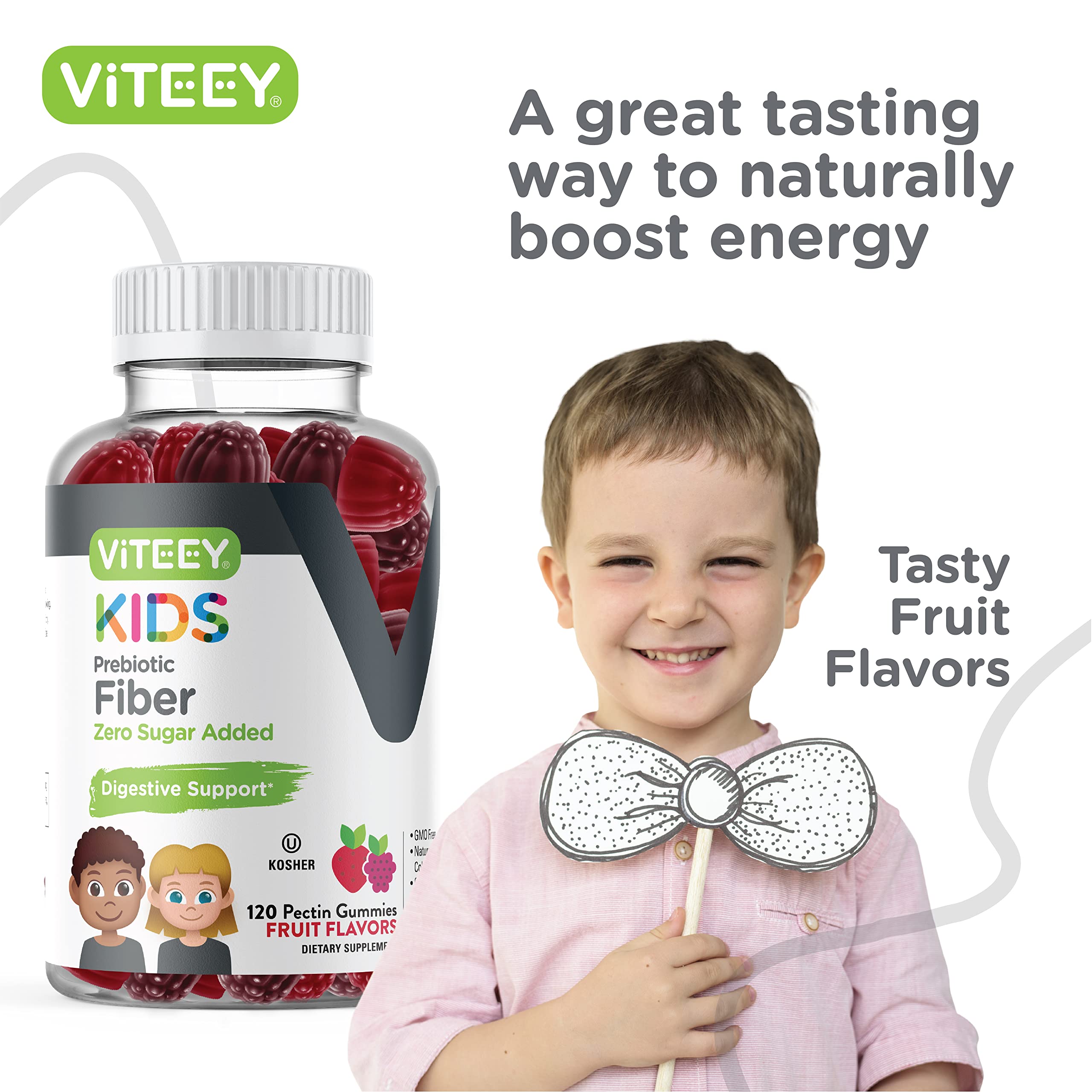 Viteey Prebiotic Kids Fiber for Constipation Relief, Digestive Health Regularity Support, Natural Weight Support - Fiber 4g, Zero Sugar Added, Vegan, Gluten Free - Tasty Chewable Fruit Flavored Gummy
