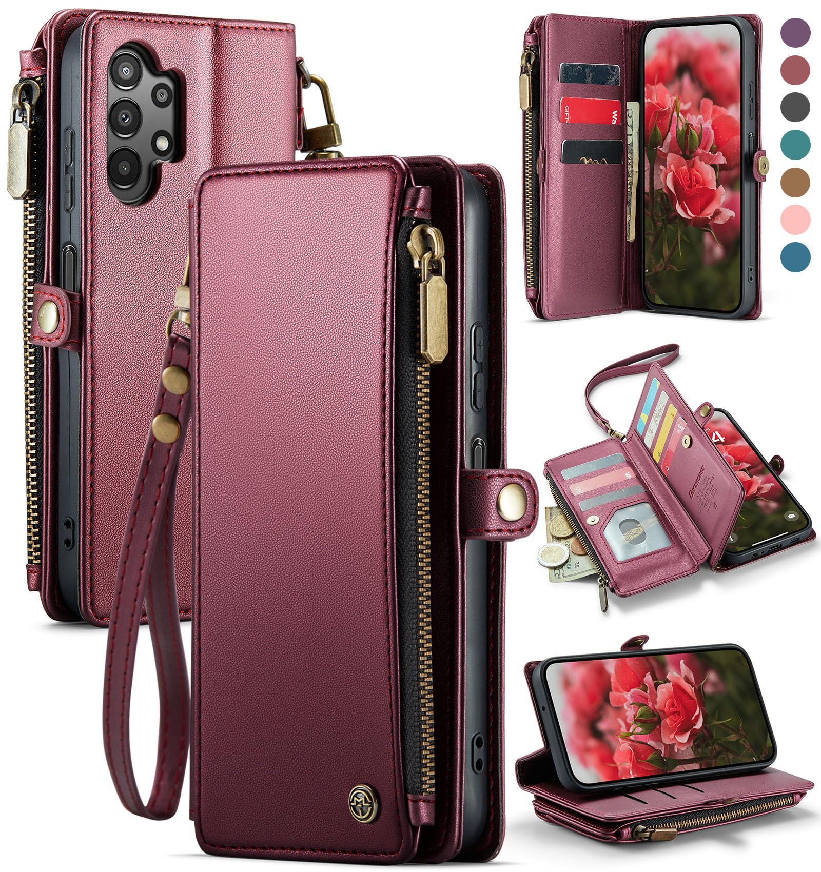 Photo 1 of Defencase Compatible with Galaxy A32 5G Case Wallet with RFID Blocking Card Holder for Women Men, PU Leather Magnetic Snap Flip Zipper Strap Wallet Phone Case Fit for Samsung Galaxy A32 5G, Wine Red