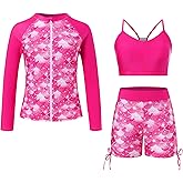 Funnycokid Girls Swimsuit 3 Pieces Zip Rash Guard Bathing Suits Set Kids Bikini Boyshort Summer Swimwear 3-14 Years