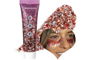 BADCOLOR Red Face Body Glitter Gel, Holographic Shimmer Chunky Glitters Makeup for Hair Nails Eye Lips, Music Festival Concert Rave Accessories Party, Long Lasting Sparkling Mermaid Sequins Gel Kit