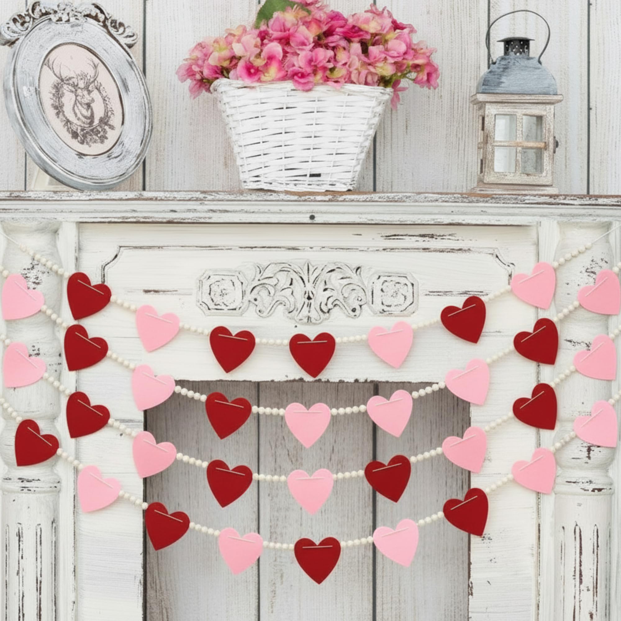 Photo 1 of 4 Set Felt Valentines Heart Mantle Garland Decoration 7.22 ft Valentines Garland Felt Banner with Wooden Beads Heart for Wall Fireplace Shelf Display Home Decoration Party Supplies