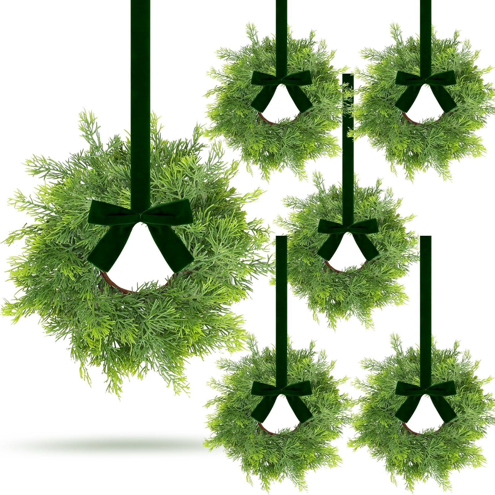 Photo 1 of ** NO RIBBONS**
6 PCS Mini Real Touch Christmas Wreaths for Kitchen Cabinets Artificial Norfolk Lifelike Cedar Wreaths with Bow for Christmas Window Door Fireplace Chairs Wall Staircase Indoor Outdoor Home Decor