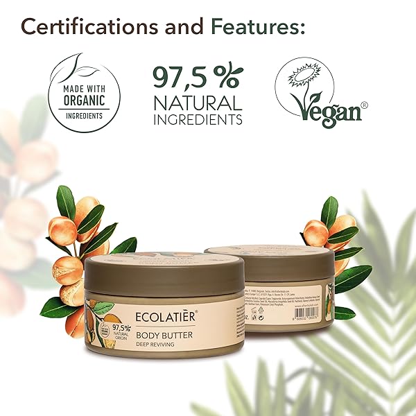 ECOLATIÈR BODY BUTTER WITH ORGANIC ARGAN OIL – DEEP REVIVING, ULTRA-HYDRATING WHIPPED MOISTURIZER FOR WOMEN & MEN, NON-GREASY, GENTLE ON DRY SKIN, 97% NATURAL INGREDIENTS, 6.7 FL OZ