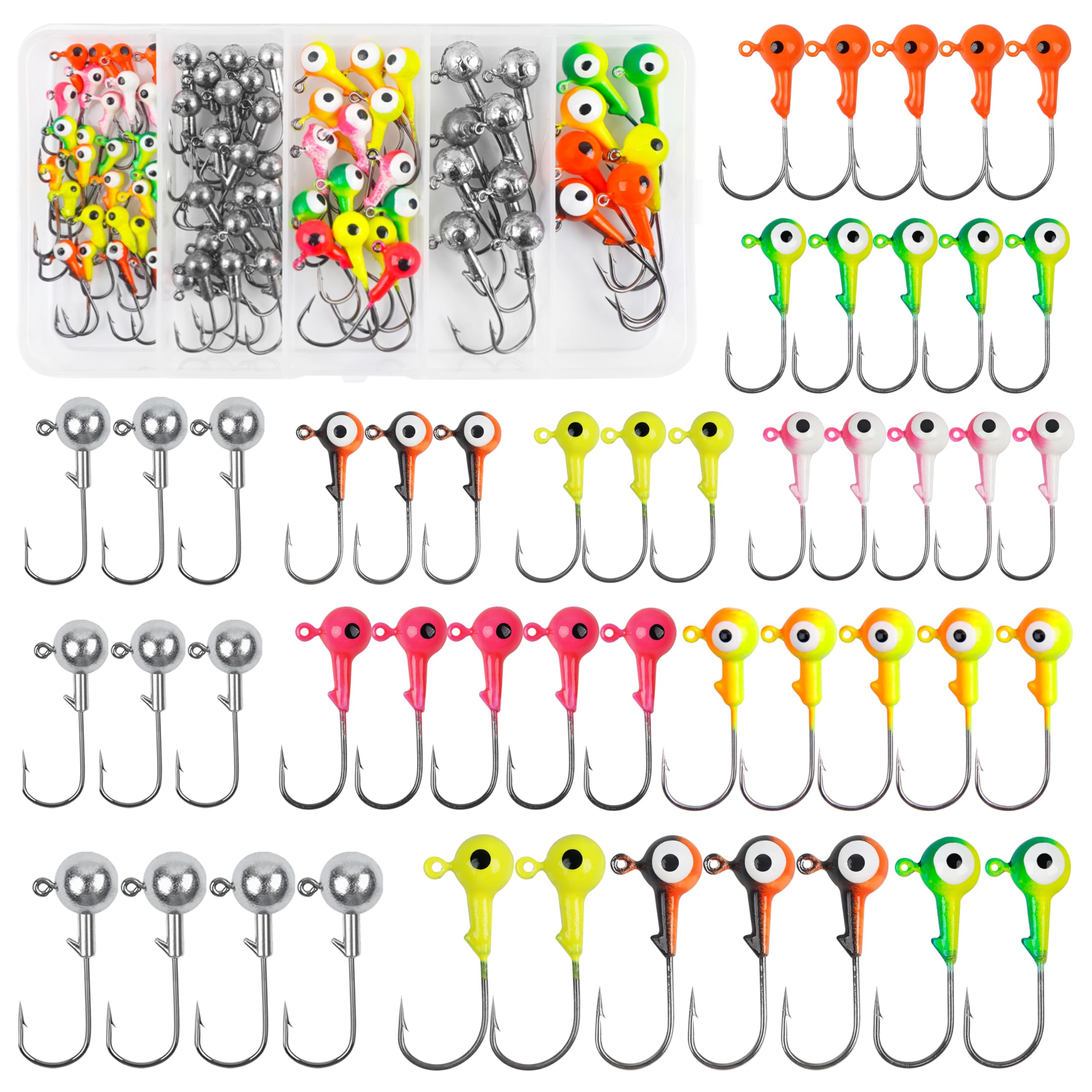 Fishing Jig Heads Hook Kit Round Jig Heads Fishing Lures Ball Painted Fishing Jig Hooks for Soft Worm Lures Bass Trout Freshwater Salt Water