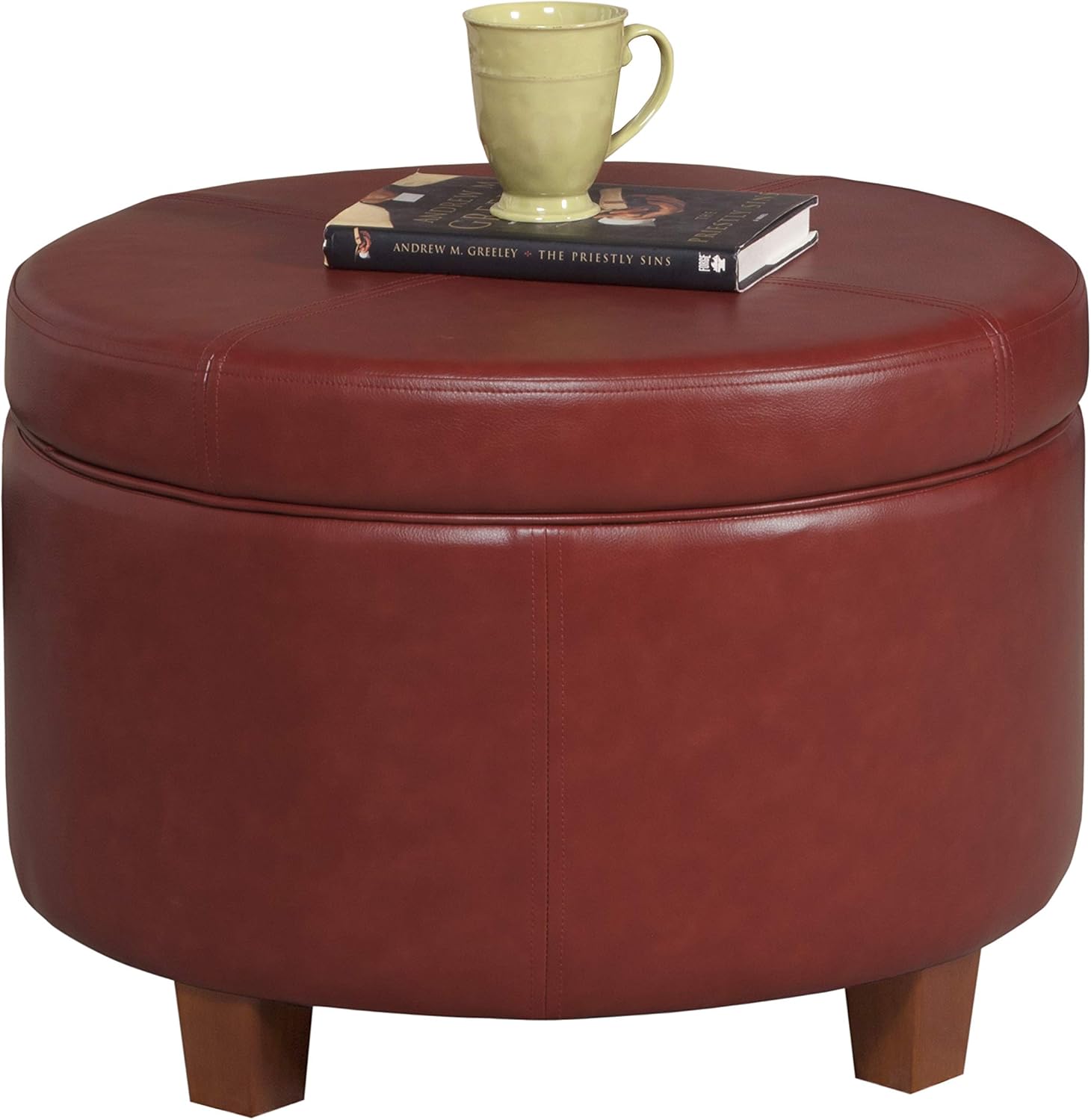 HomePop Round Leatherette Storage Ottoman with Lid, Cinnamon Red: Furniture & Decor