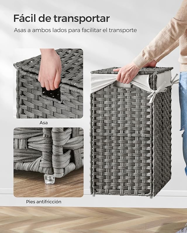 Cesto de Ropa Sucia, 90 L, Ratán Sintético, con Tapa, Plegable