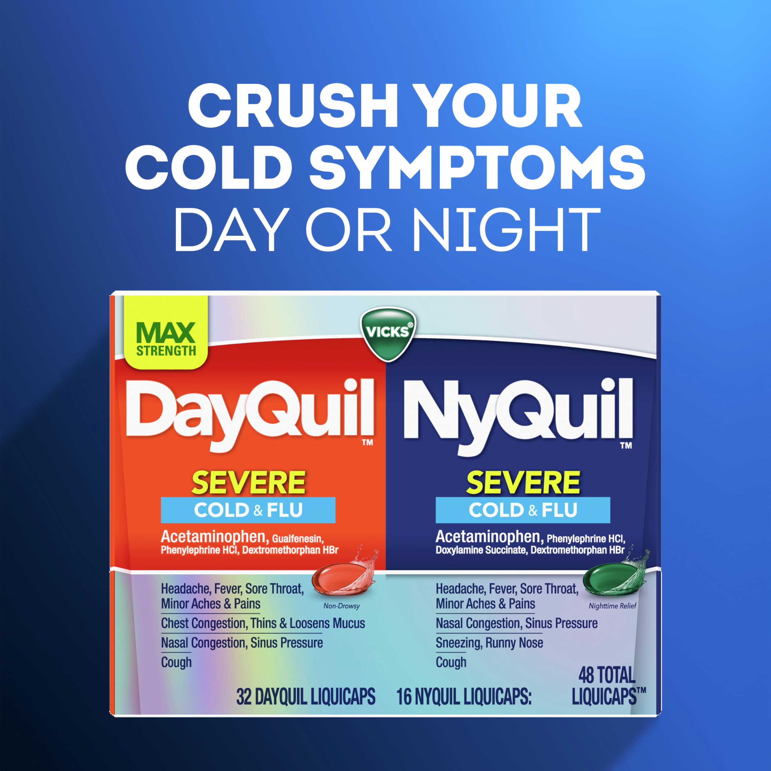 Vicks NyQuil Severe Cold, Flu, & Congestion Medicine, 24 Liquicaps, Maximum Strength, 24Count