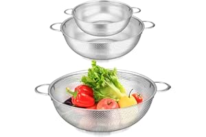 HaSteeL Stainless Steel Colander Set of 3, Micro-Perforated Metal Colander Strainer with Handle, Ideal for Kitchen Draining/R