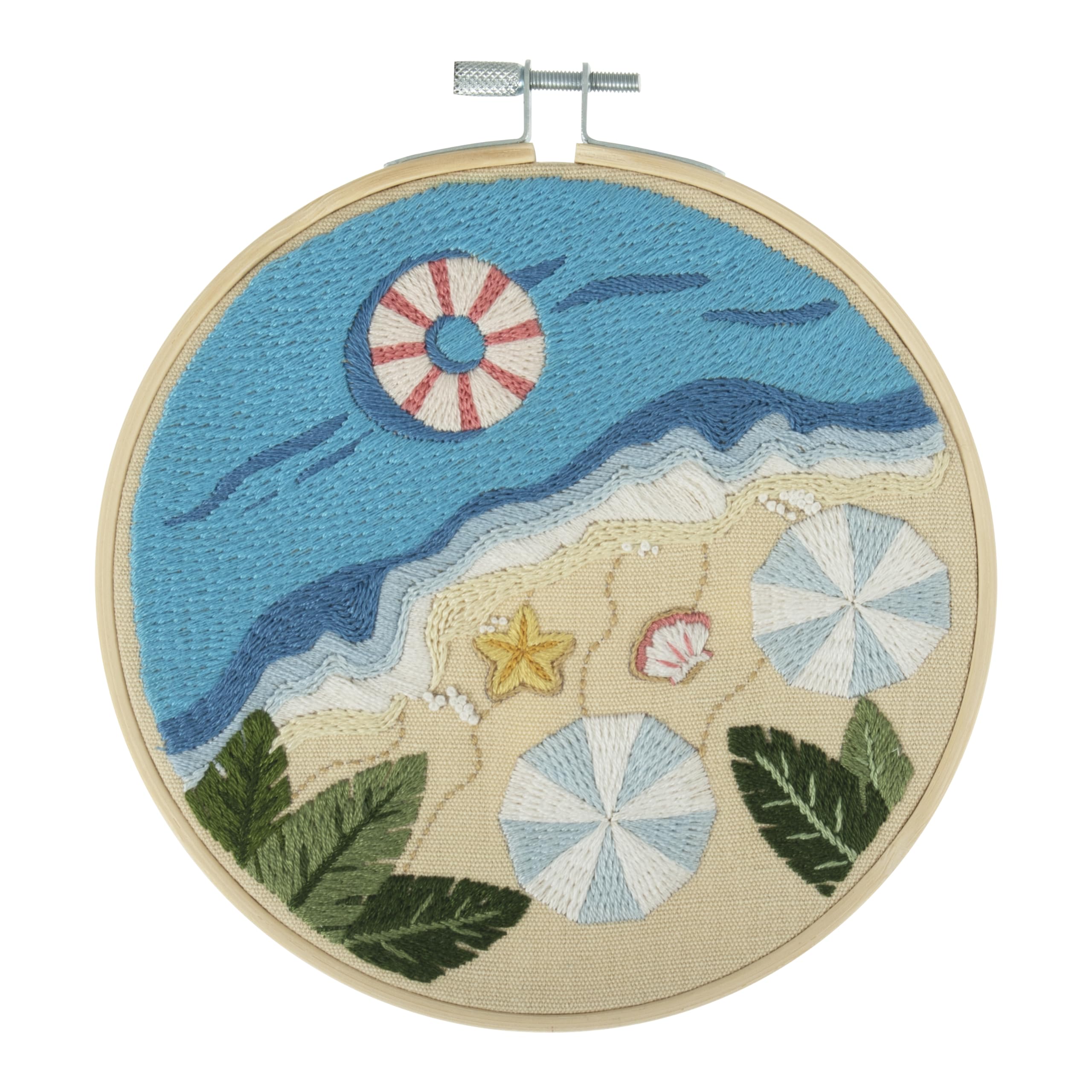 Trimits Embroidery Hoop Kits - 15cm 6” Beginner Starter Set, Includes Bamboo Hoop Threads Cloth Needle Backing & Instructions, Beach — image 1