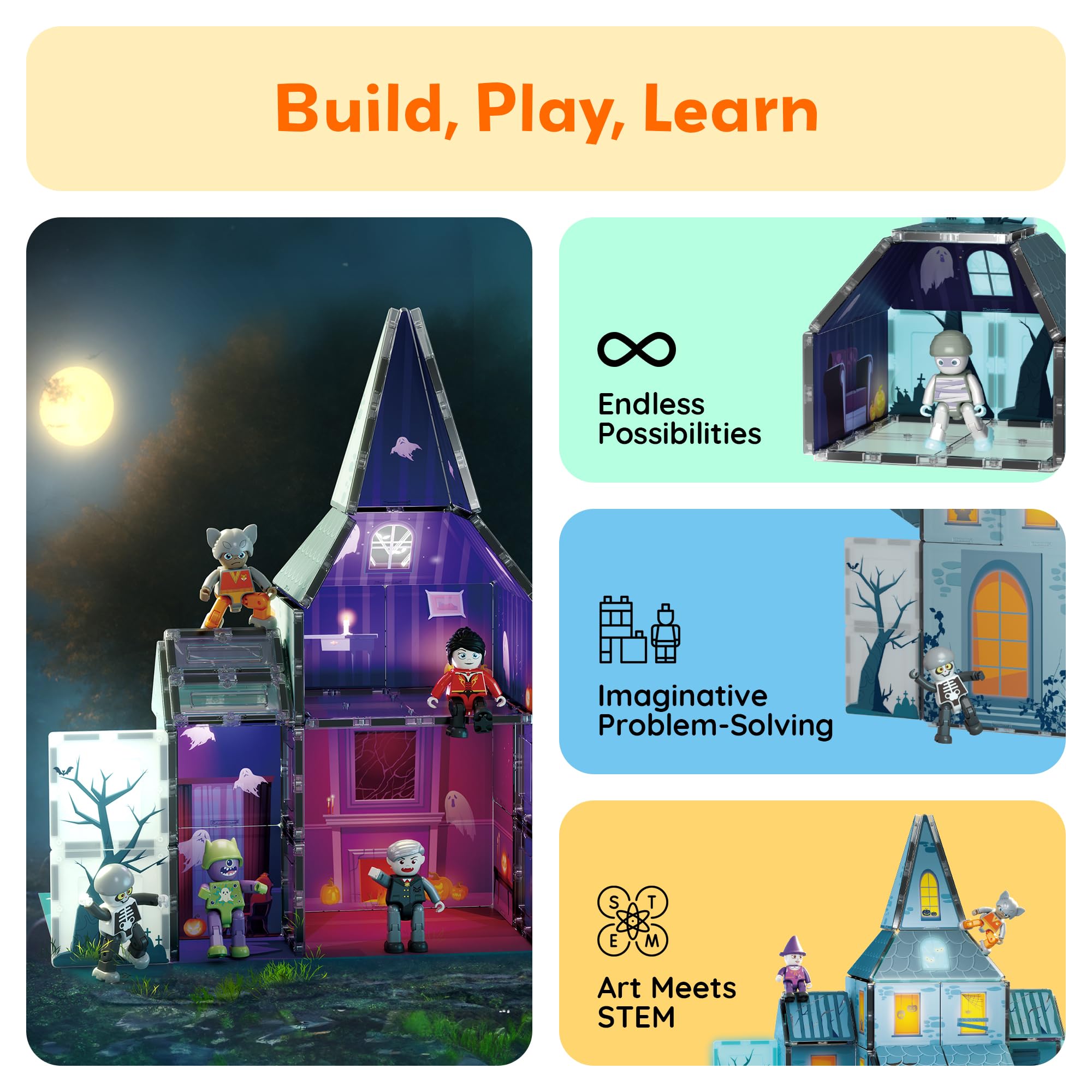 PicassoTiles Haunted House Theme Magnet Tile Building Blocks 8 Action Figures Magnetic Construction Toy Double Sided Printing Education STEM Learning Playset Halloween Adventure Kid Ages 3+ PTQ03