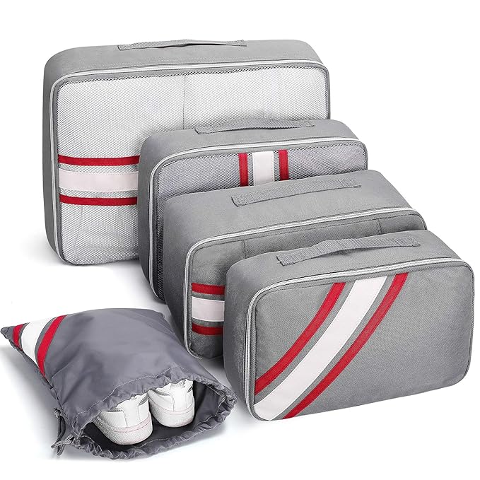 Kofferorganizer Kleidertaschen Set, YAMTION Packtaschen Packing Cubes Set, Packwürfel ideal für Koffer | 5 teiliges Set (Grau