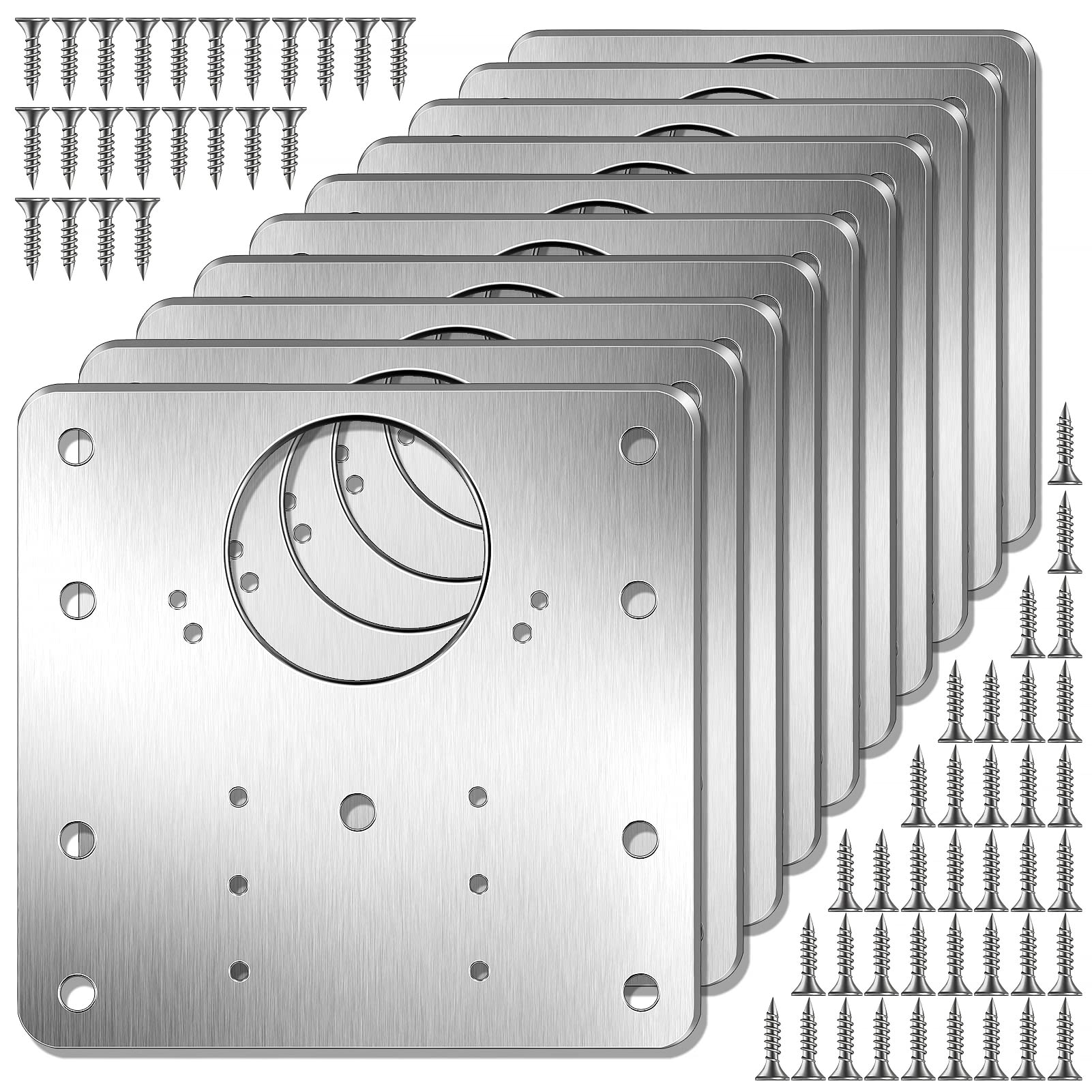 Juliyeh N334 10Pcs Cabinet Hinge Repair Plate Kit Stainless Steel Cupboard Door Hinge Mounting Plate with Holes Flat Fixing Brace Brackets with 60 Pcs Screws, Silver, 90x90x1 mm