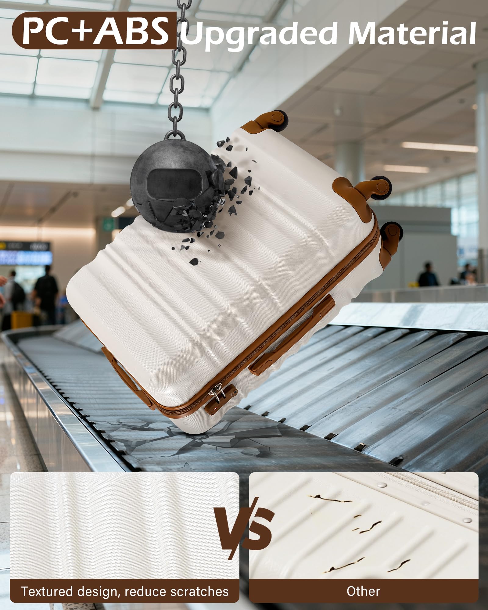 LONG VACATION 6 Piece Luggage Set Carry on Suitcase with ABS+PC hardshell, Spinner Wheels & YKK Zipper TSA Lock (WHITE-BROWN, 6 piece set)