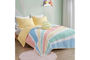 Urban Habitat Kids Quilt Set for Kids, Vibrant Sunburst Rainbow Coverlet for Twin Size Bed Set, Confetti Printed Reversible Lightweight Cotton Quilt Bedding Set, Rory, Twin Yellow 3 Piece