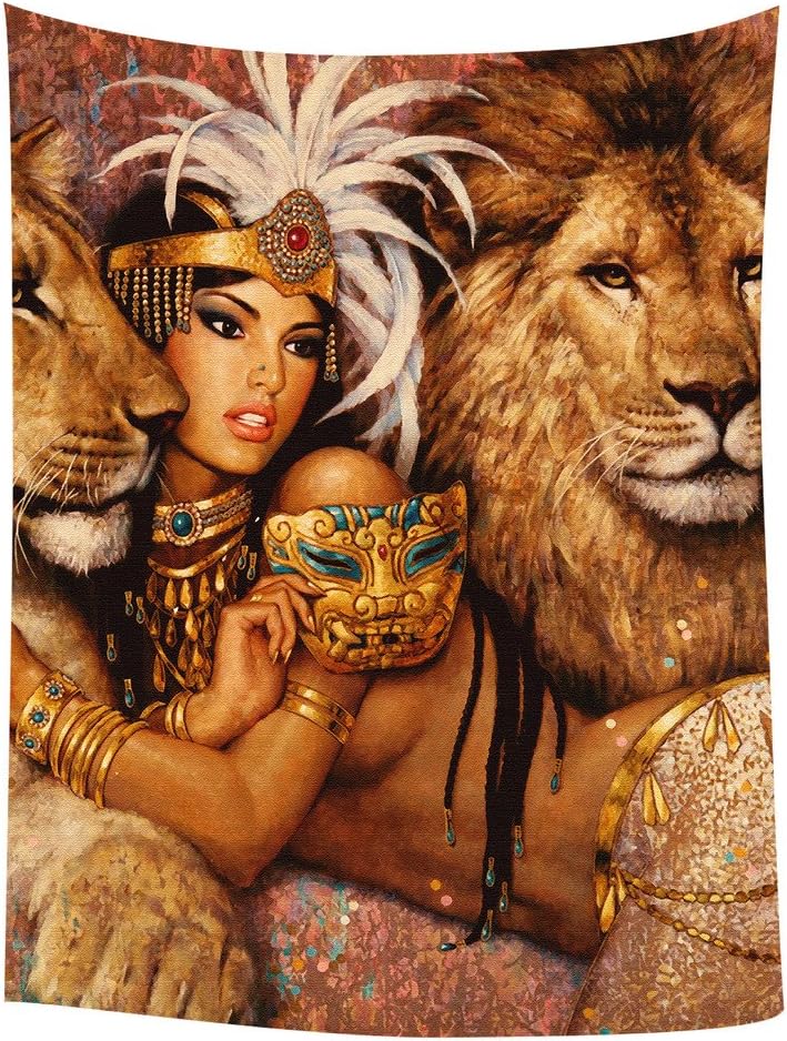 Custom African Beautiful Woman With Lions Bedroom Living Room Art Wall Hanging Tapestry Size 80x60 inches