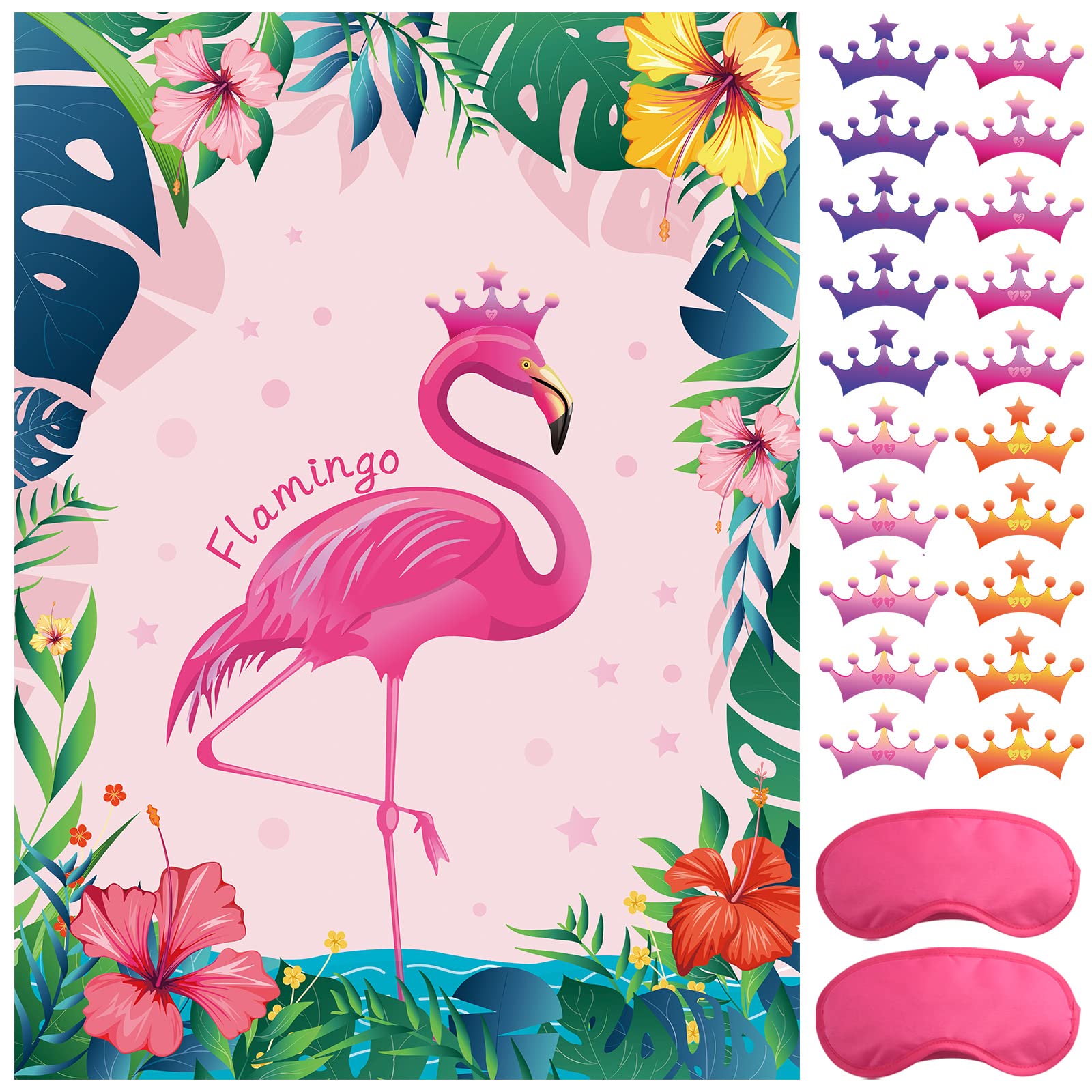 ASTARON Pin The Crown on The Flamingo, Flamingo Theme Party Game with 24 Crowns for Kids Birthday and Hawaiian Luau Tiki Party Supplies