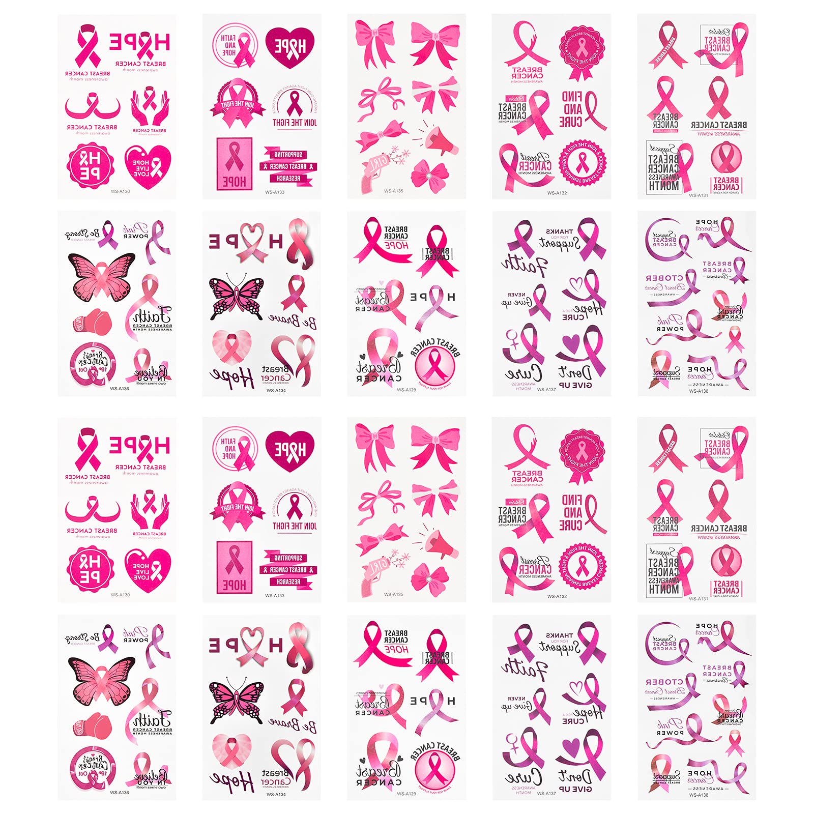 WANDIC 20 Sheets Pink Ribbon Tattoo Stickers, Temporary Tattoos for Breast Cancer Awareness for Decoration Party Favor Supplies Public Activity Gift