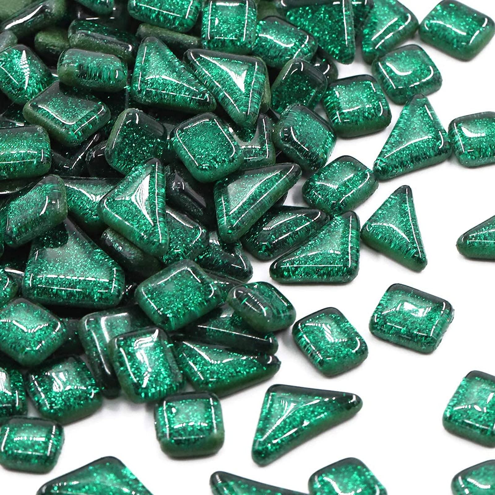 200g Glass Mosaic Tiles Glitter Crystal Square and Triangle Mosaic Stones Glass Pieces for Home Decoration or Crafts(Deep Green)