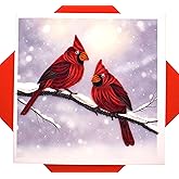 Winter Cardinals on Snowy Branch, Quilling Card 3D - Unique Dedicated Handmade, Design Greeting Card for Birthday, Valentine's Day, Mothers Day, Spring, Fathers Day, Graduation, Wedding, Anniversary, Thank You, Get Well, All Occasion | 6" x 6"