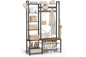 VASAGLE Hall Tree with Bench and Shoe Storage, Entryway Coat Rack with Shoe Bench, 5 Storage Shelves, Rustic Brown and Ink Bl